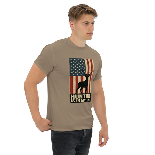 Front view of unisex hunting t-shirt with American flag and deer silhouette