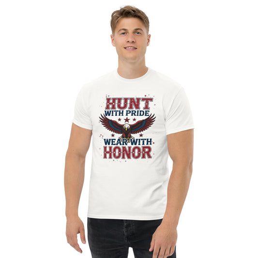 Front view of navy blue hunting t-shirt with bold eagle and American flag design