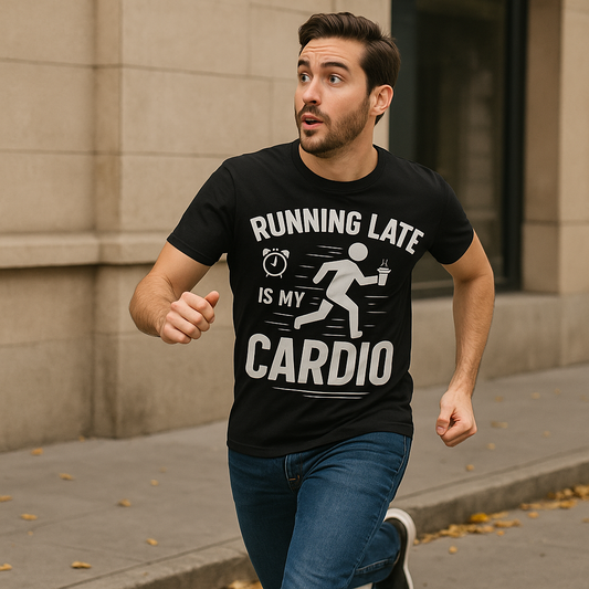 Running Late Is My Cardio T-Shirt – Funny Unisex Tee for Coffee Lovers & Busy People

