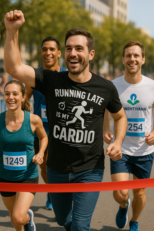 Running Late Is My Cardio T-Shirt – Funny Unisex Tee for Coffee Lovers & Busy People

