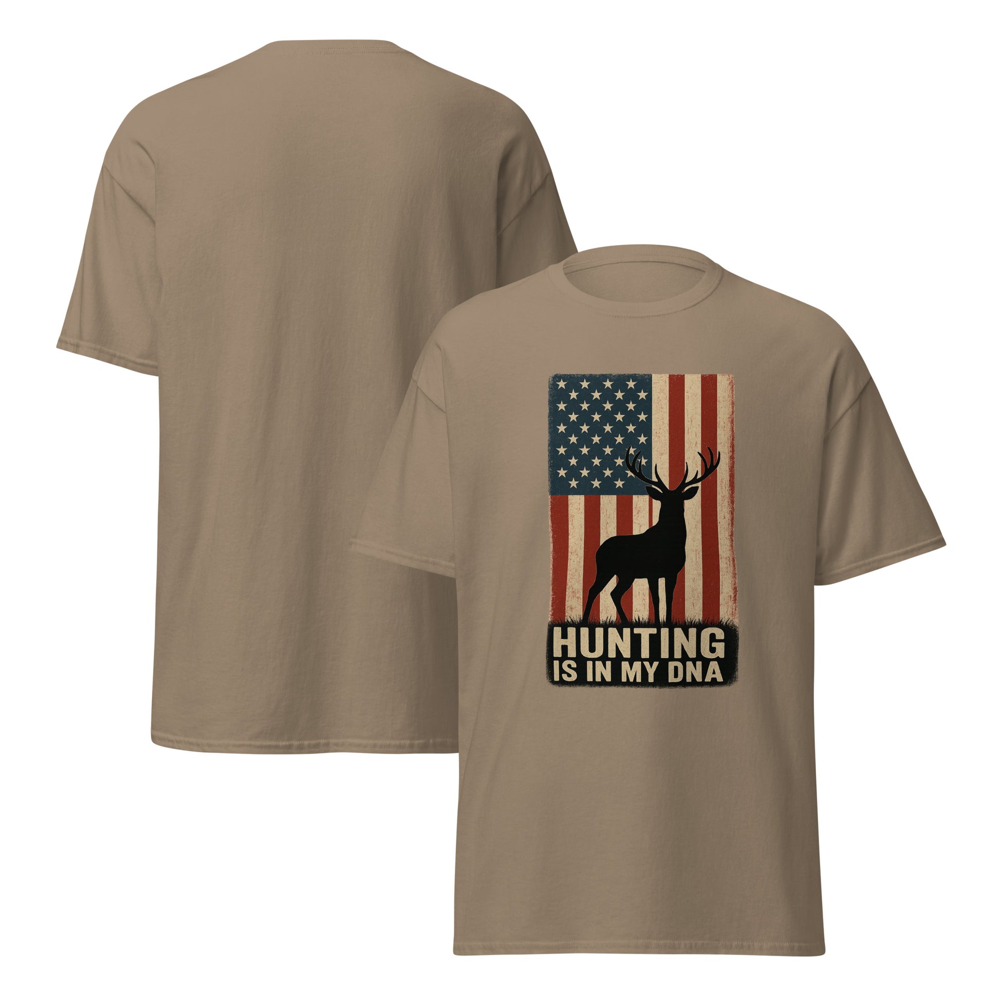 Patriotic hunter shirt featuring “Hunting Is In My DNA” slogan
