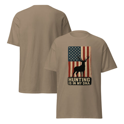 Patriotic hunter shirt featuring “Hunting Is In My DNA” slogan