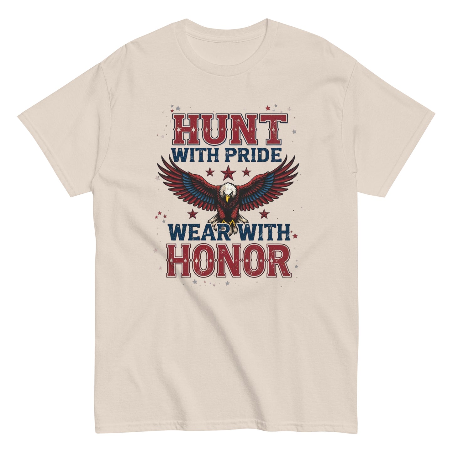 Front view of navy blue hunting t-shirt with bold eagle and American flag design