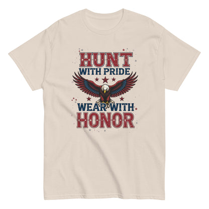 Front view of navy blue hunting t-shirt with bold eagle and American flag design