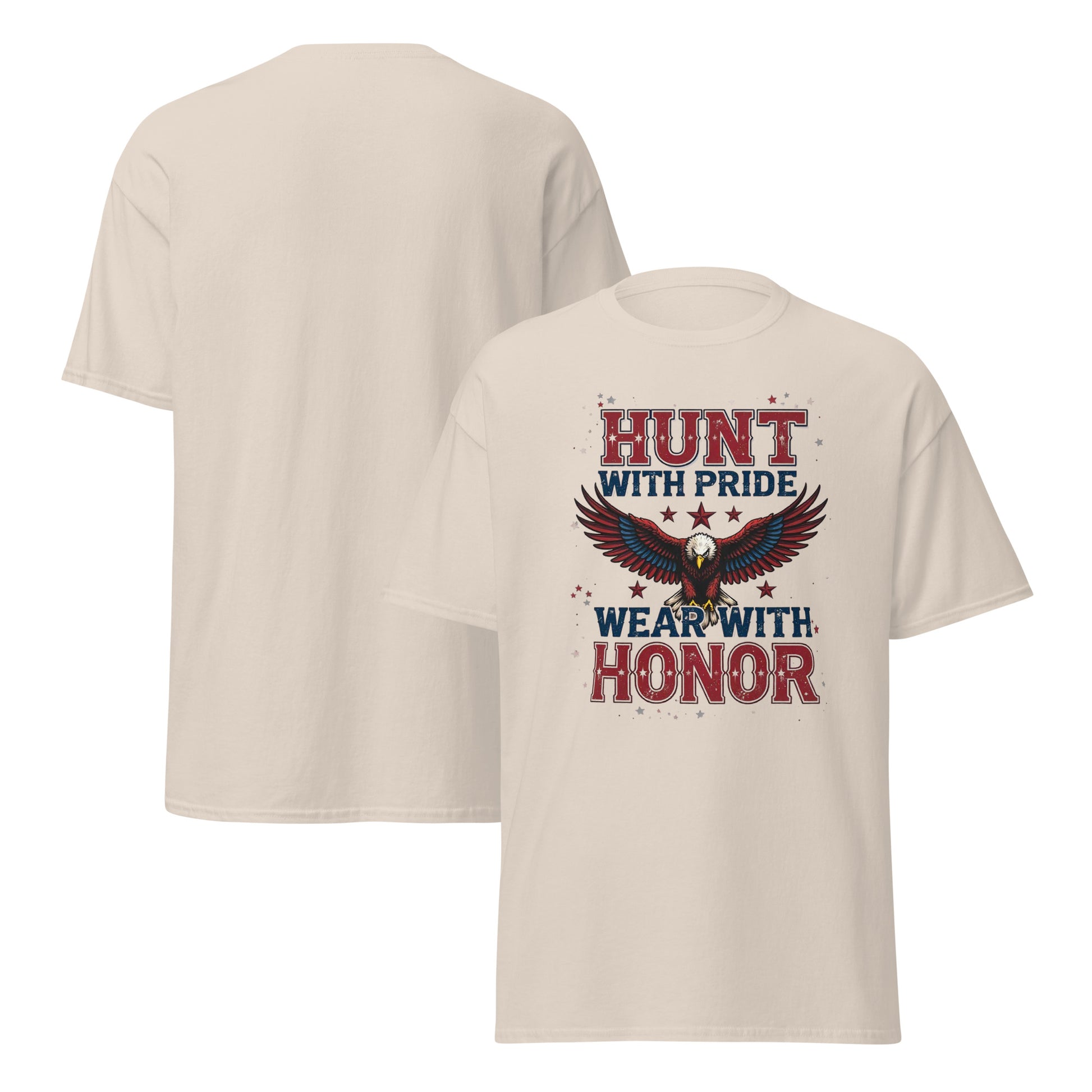 Flat lay of unisex "Hunt With Pride" patriotic eagle t-shirt on wooden background

