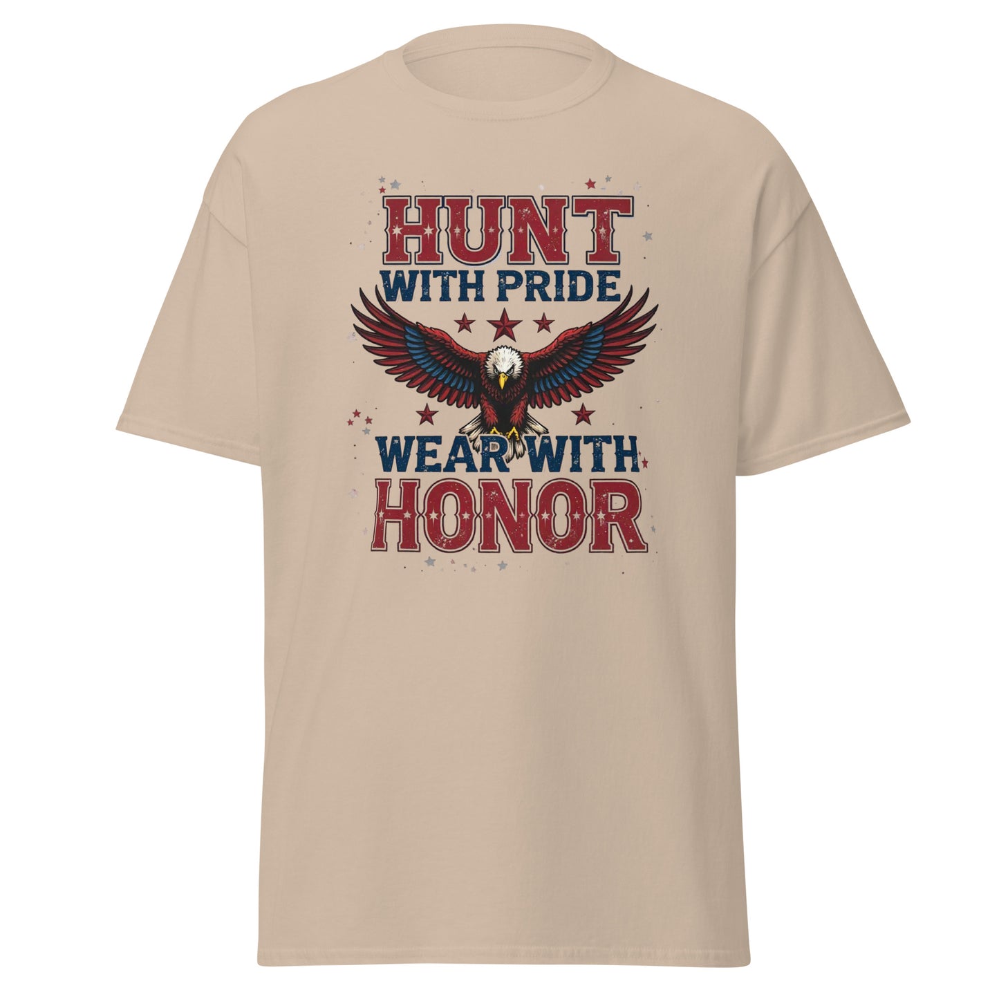 Front view of navy blue hunting t-shirt with bold eagle and American flag design