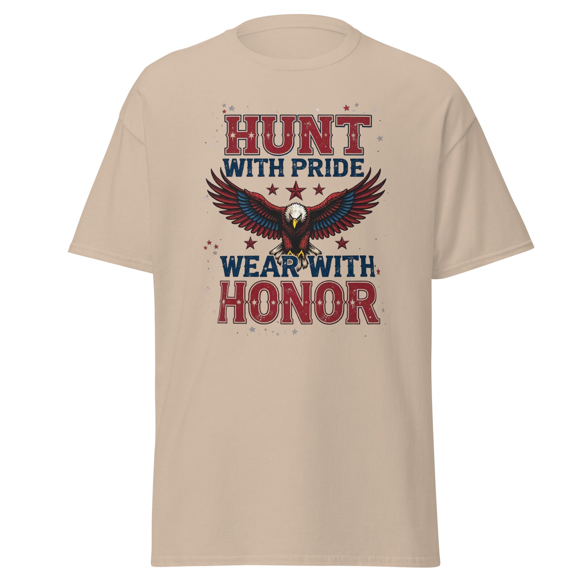 Front view of navy blue hunting t-shirt with bold eagle and American flag design