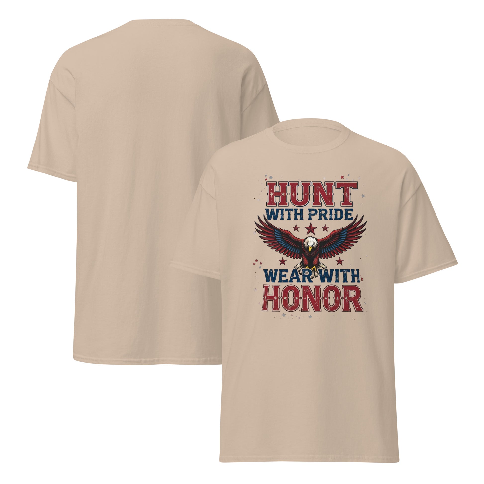 Front view of navy blue hunting t-shirt with bold eagle and American flag design