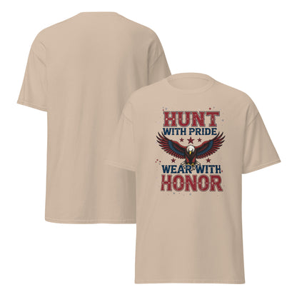 Front view of navy blue hunting t-shirt with bold eagle and American flag design