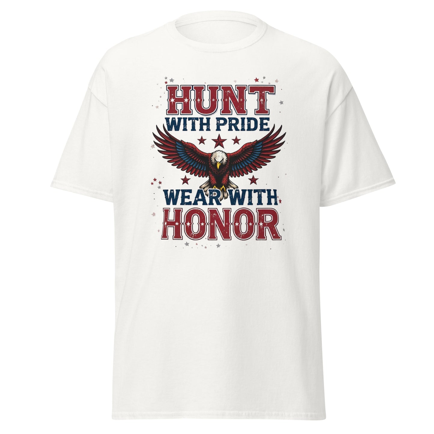 Front view of navy blue hunting t-shirt with bold eagle and American flag design