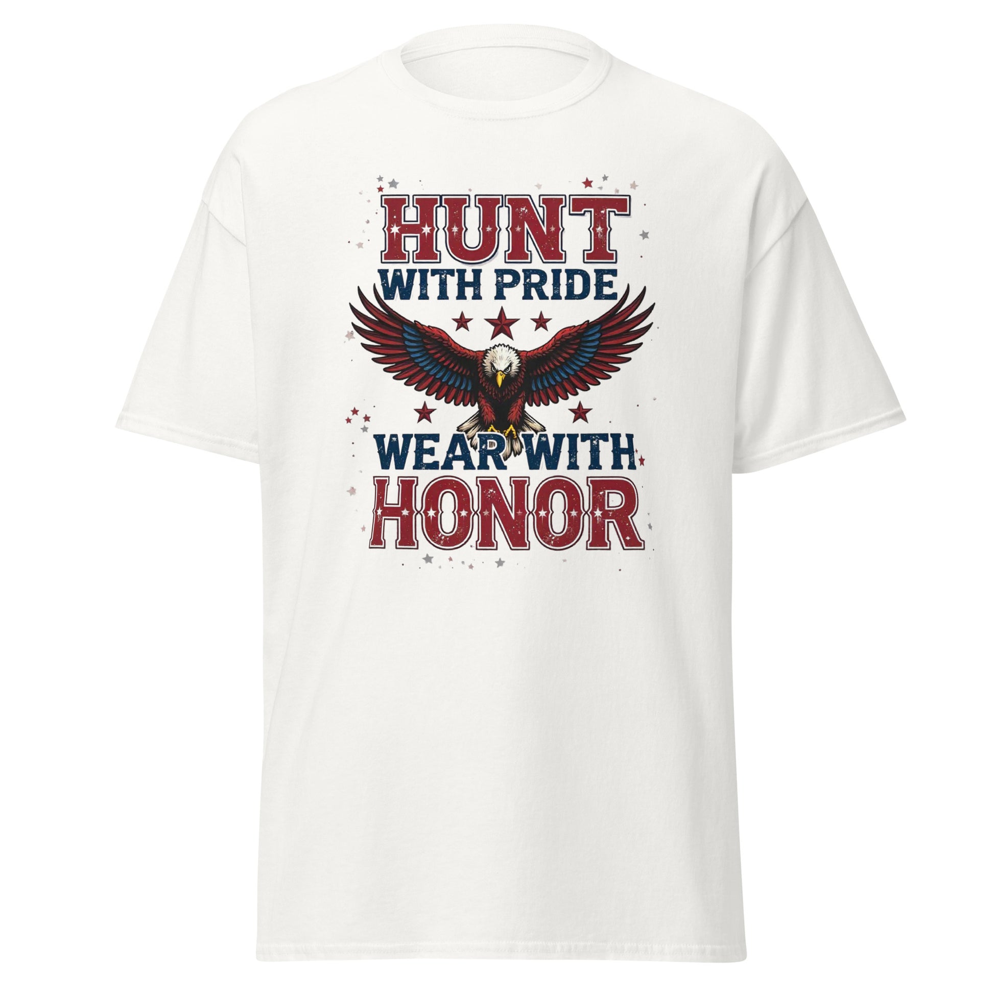 Front view of navy blue hunting t-shirt with bold eagle and American flag design