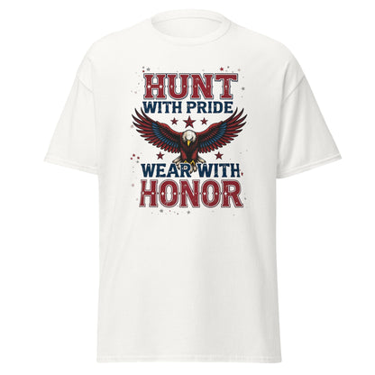 Front view of navy blue hunting t-shirt with bold eagle and American flag design