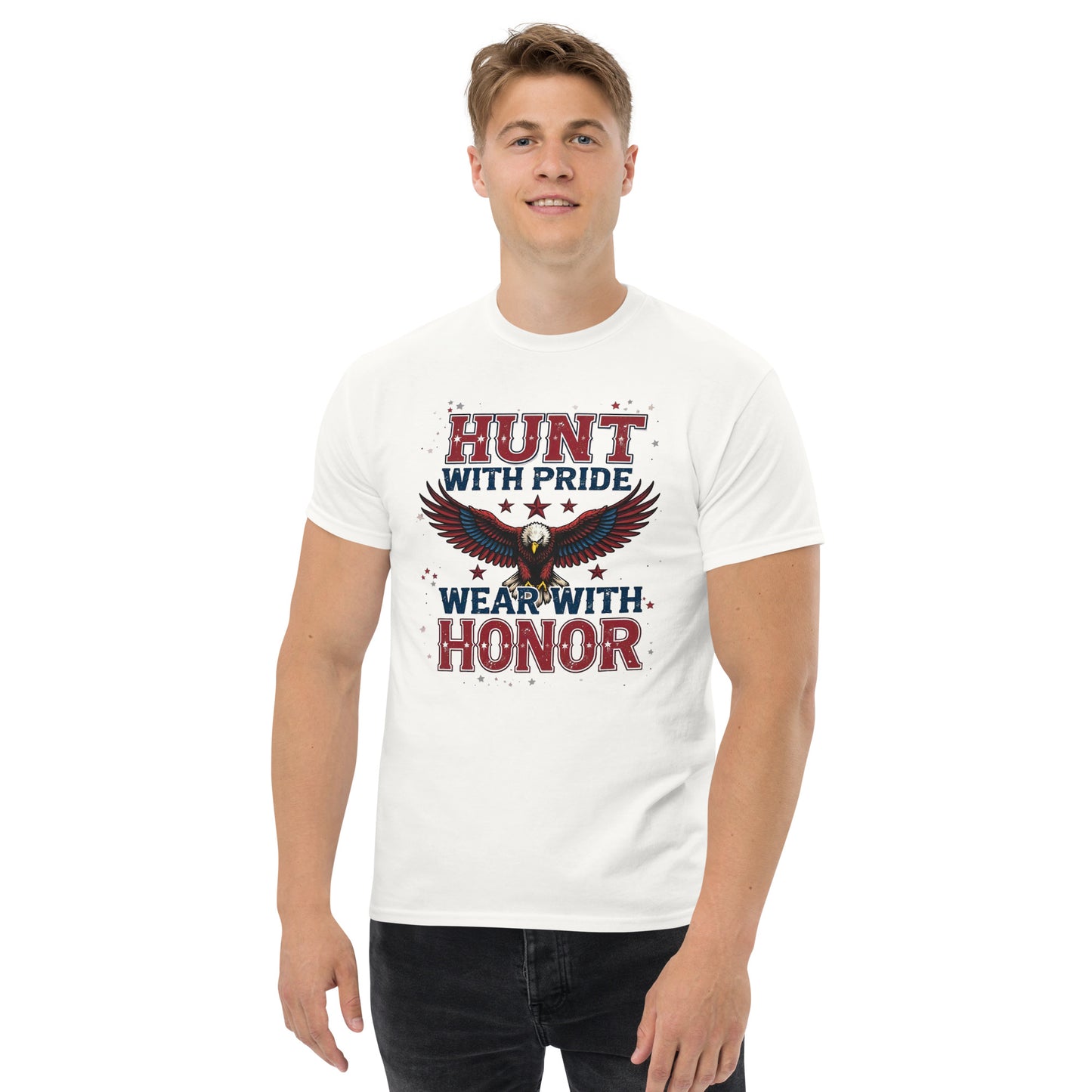 Front view of navy blue hunting t-shirt with bold eagle and American flag design
