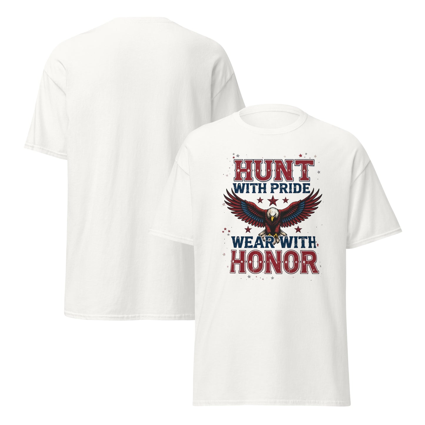 Front view of navy blue hunting t-shirt with bold eagle and American flag design