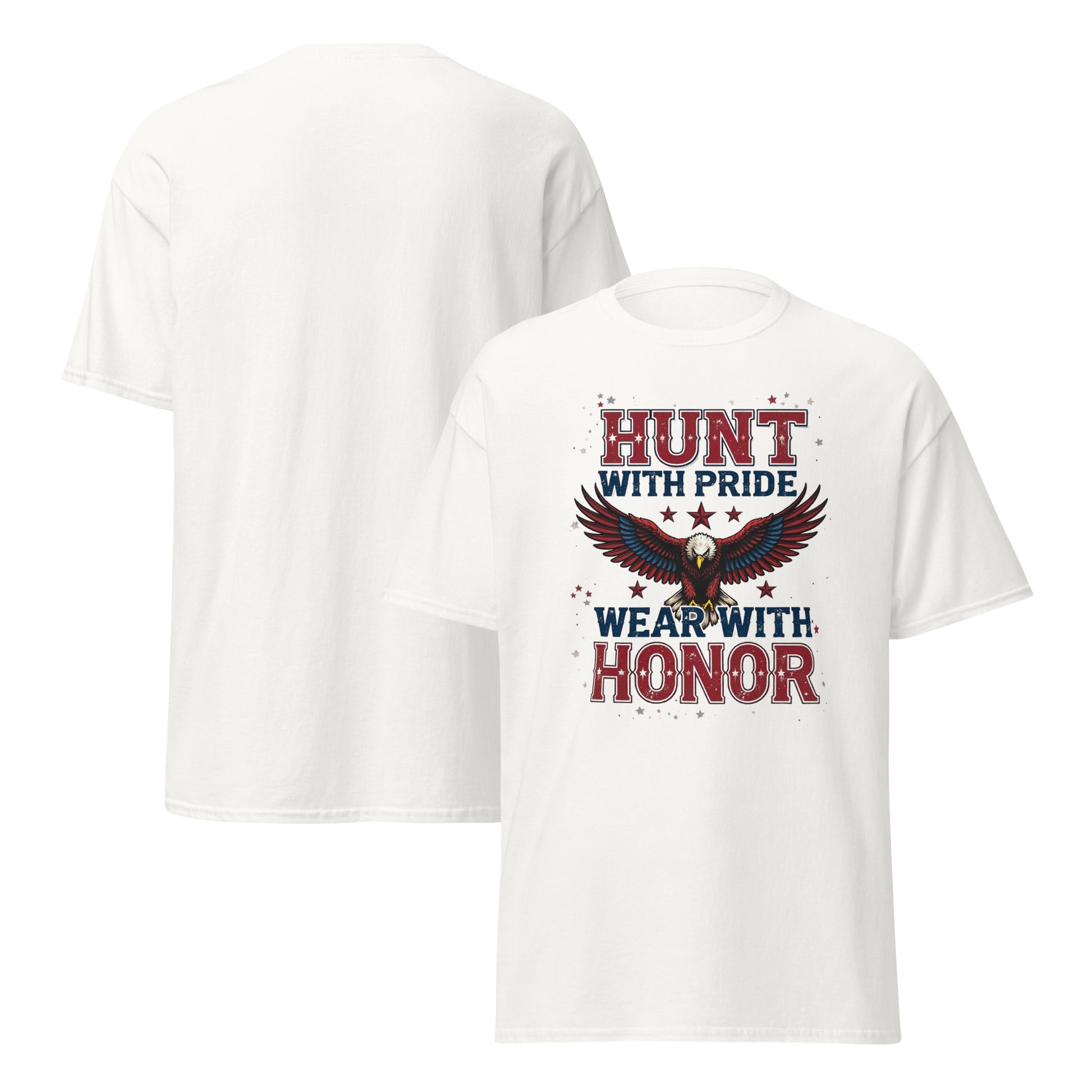 Front view of navy blue hunting t-shirt with bold eagle and American flag design